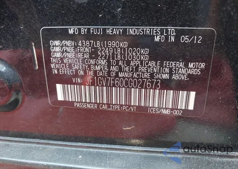 2012 Subaru Impreza Wrx Limited из США, поврежденный, VIN JF1GV7F60CG027673